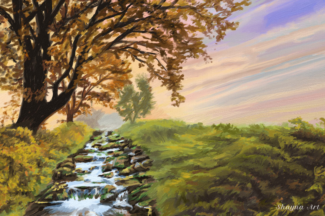 Oil painting of a large leaning tree beside a tranquil stream in early evening autumn light