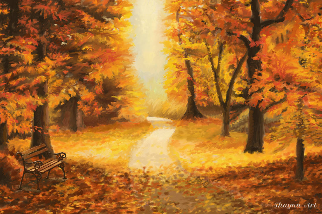 Oil painting of a peaceful park in autumn, with warm foliage and a wooden bench