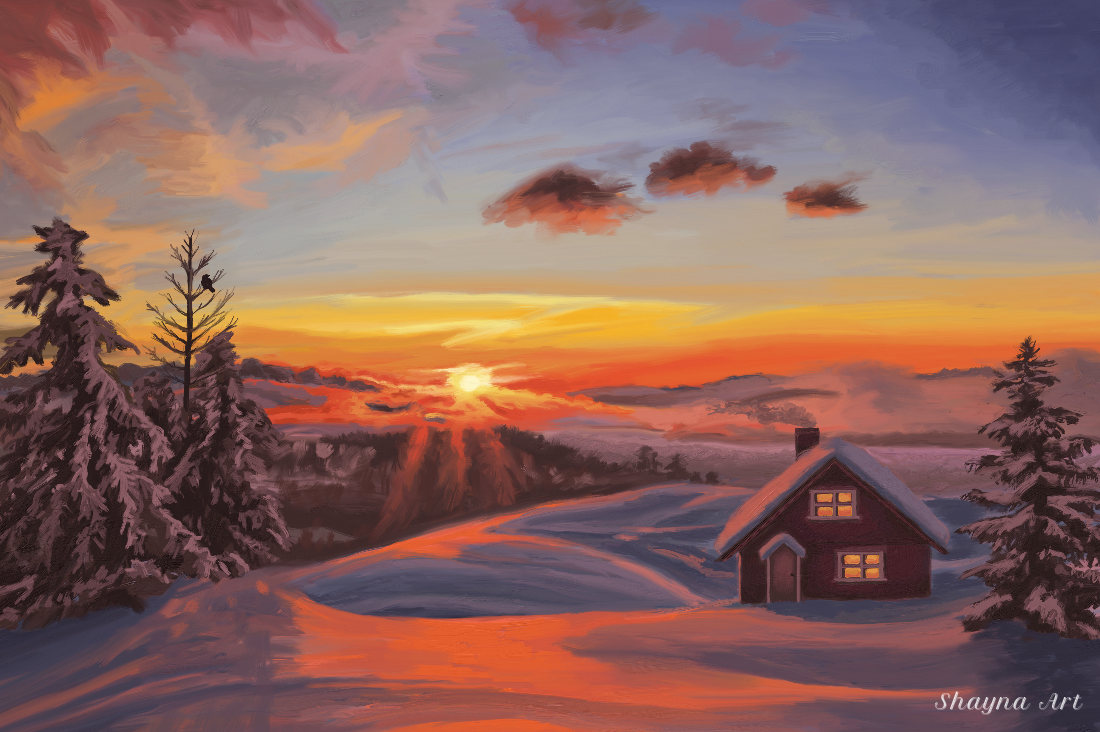 Oil painting of a peaceful winter sunset glowing in deep reds and oranges over snow