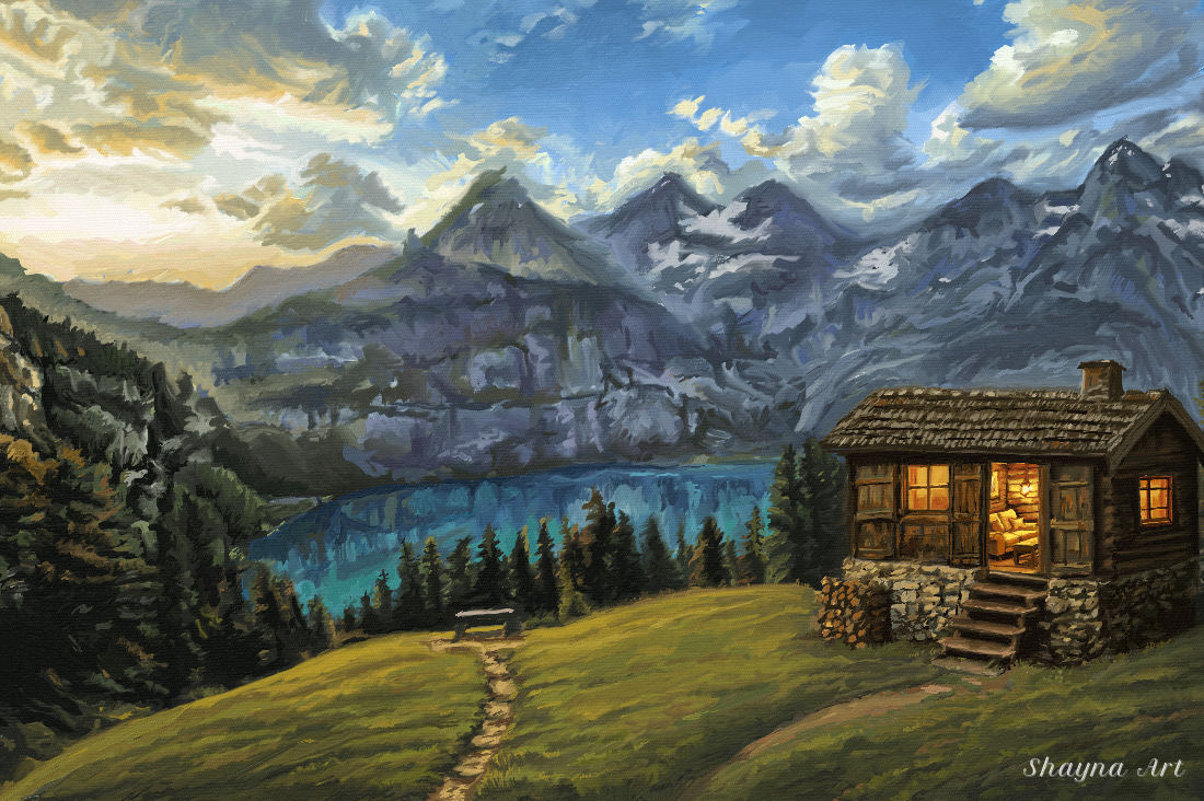 Oil painting of a rustic cabin beside a pristine mountain lake at sunset