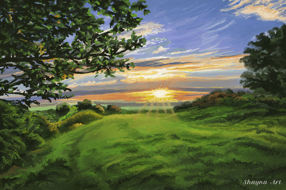 Oil painting of a sunset over a meadow, framed by silhouetted trees