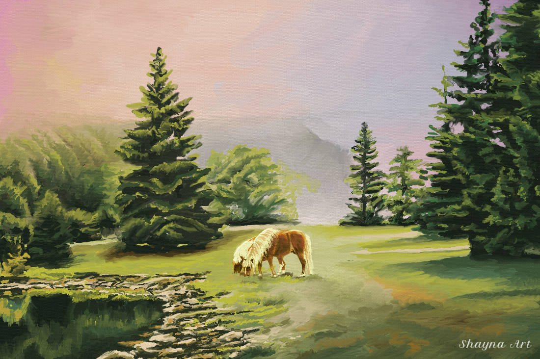 Oil painting of horses grazing in a misty green meadow