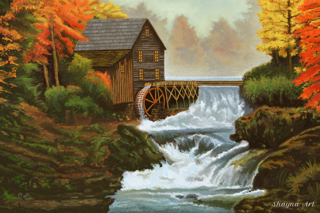 Oil painting of a rustic grist mill surrounded by trees in bright fall colors