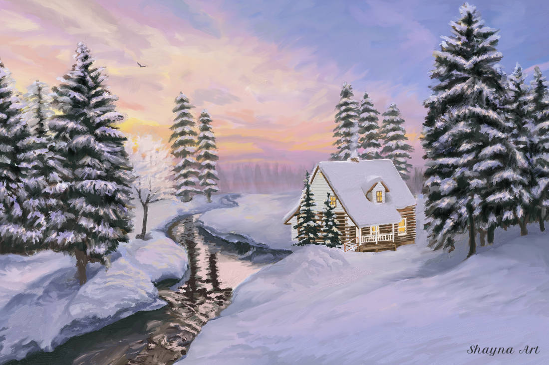Oil painting of a small snow-covered cottage at twilight near a frozen stream