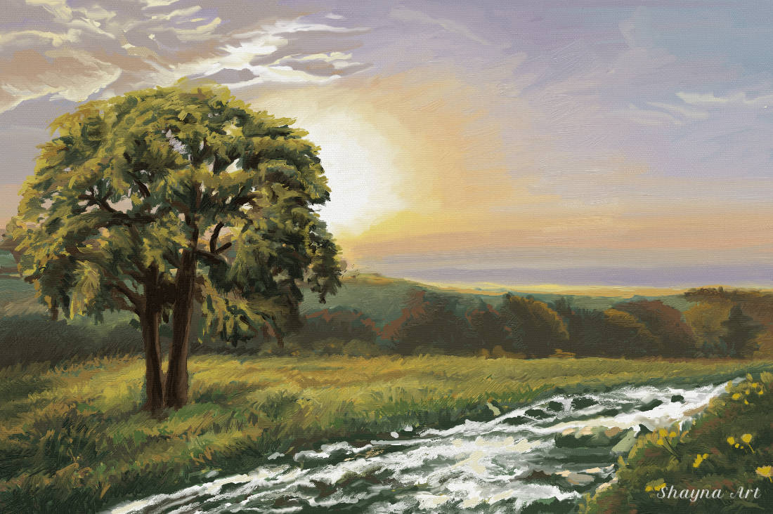 Oil painting of a sunlit meadow and tree beside a stream at sunset