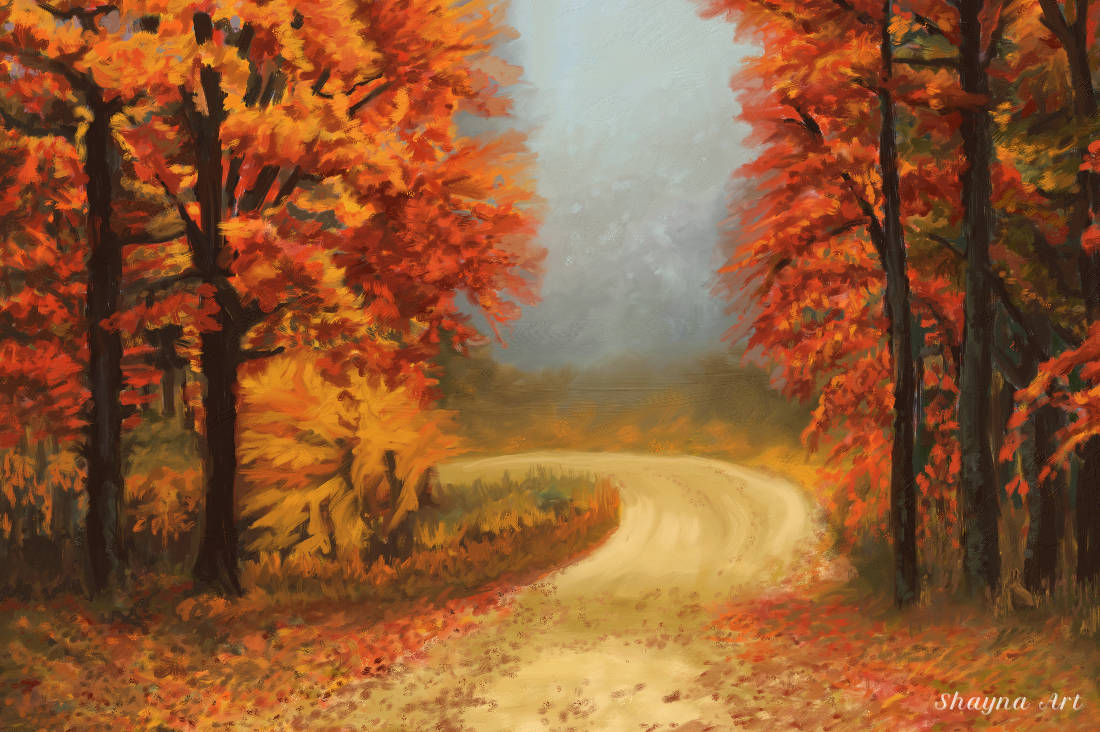 Oil painting of a walkway leading through vibrant autumn trees