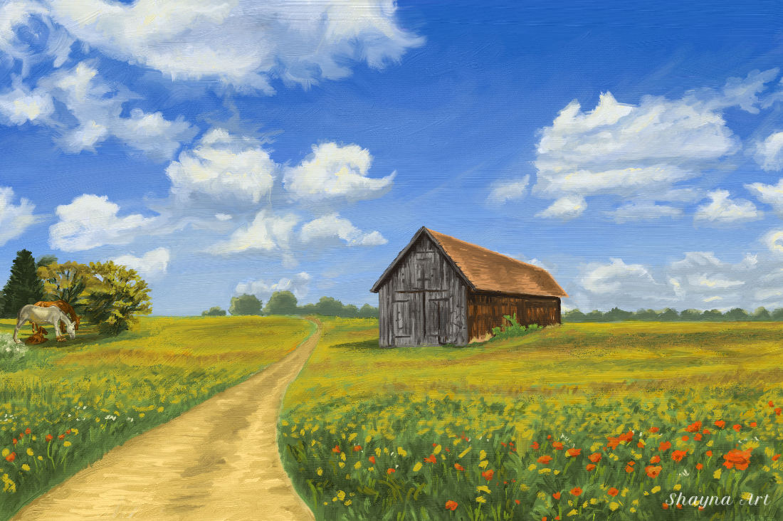Oil painting of a rustic barn along a country road lined with flowering spring trees