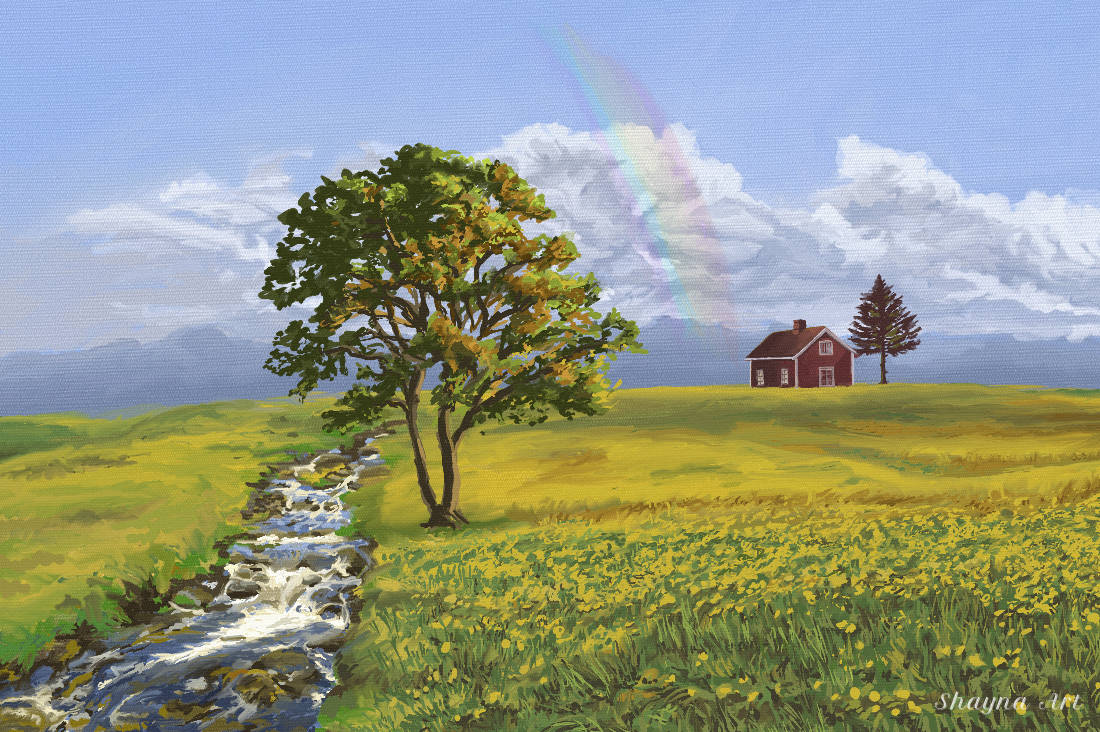 Oil painting of a field of wildflowers swaying beside a tranquil brook