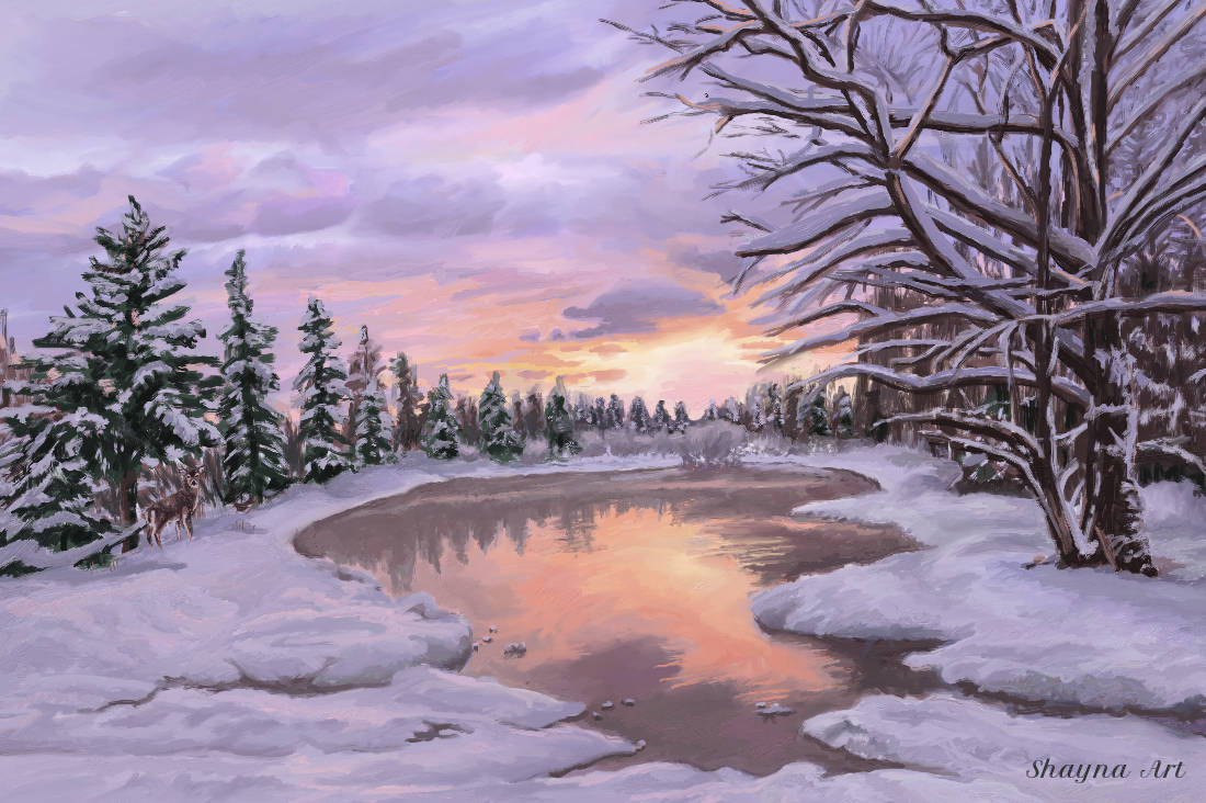 Oil painting of an icy winter sunset reflected in a still lake