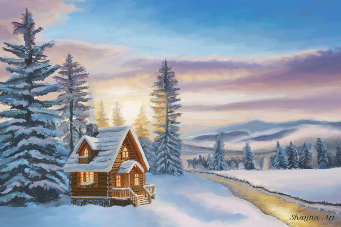 Oil painting of a cozy stone cottage beside a frozen stream in winter