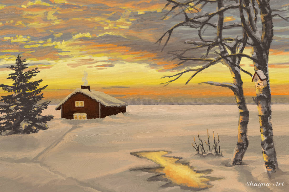 Oil painting of a snow-covered winter landscape glowing in golden sunset light